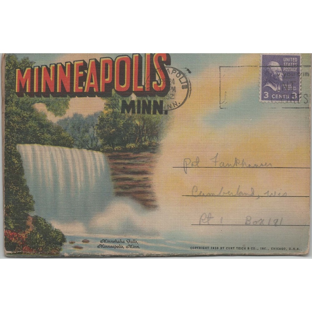 Vtg 1939 Large Letter Linen Postcard Greetings Minneapolis MN Curt Teich - Picture 2 of 2